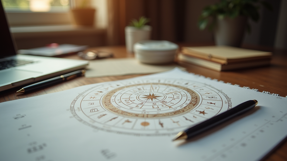 Eye-level view of an astrologer’s desk with a birth chart and pen