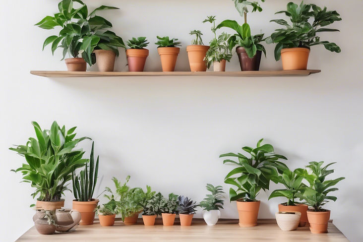 Many potted plants arranged on wooden desk near a white wall, make the image horizontal an
