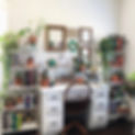 White desk with colorful books on it, white wall with picture frames, white shelves with green plants in artsy terracota planters