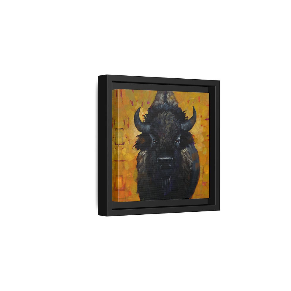 Thumbnail: Framed Buffalo Canvas Wall Art — Black Bison Portrait on Warm Yellow Background