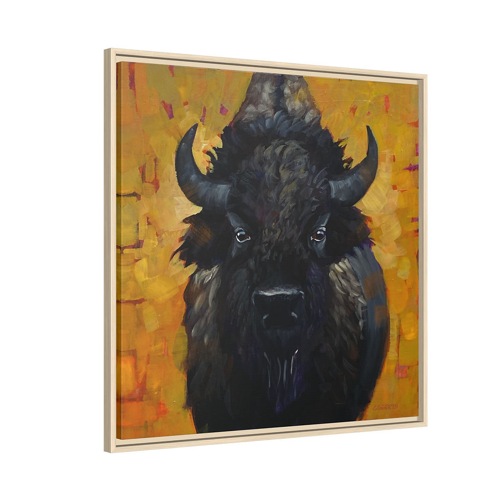 Thumbnail: Framed Buffalo Canvas Wall Art — Black Bison Portrait on Warm Yellow Background