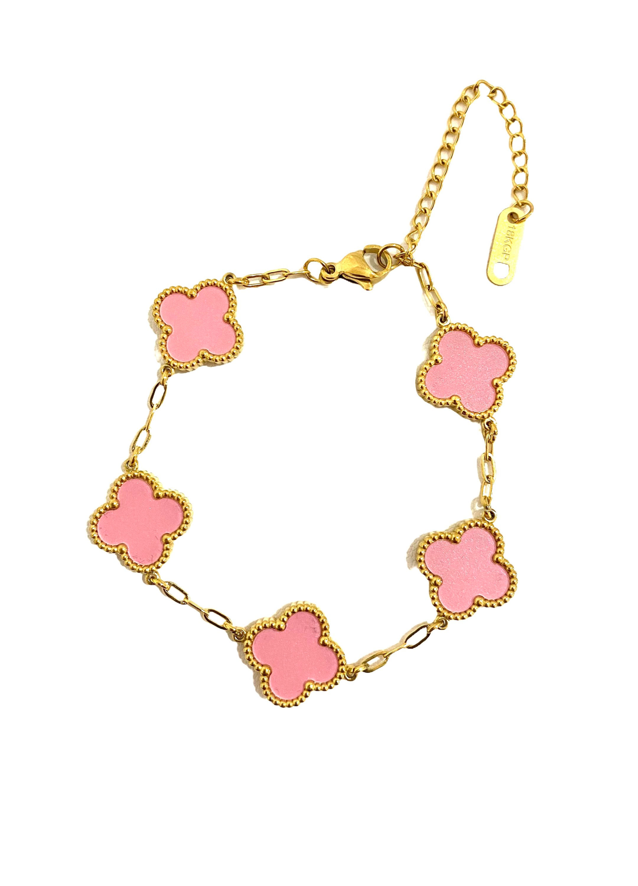 צמיד תלתן זהב בשילוב ורוד