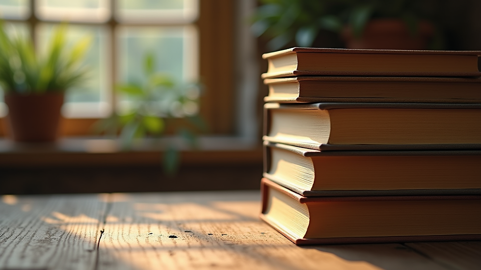 Close-up view of a stack of spiritual books on a wooden table