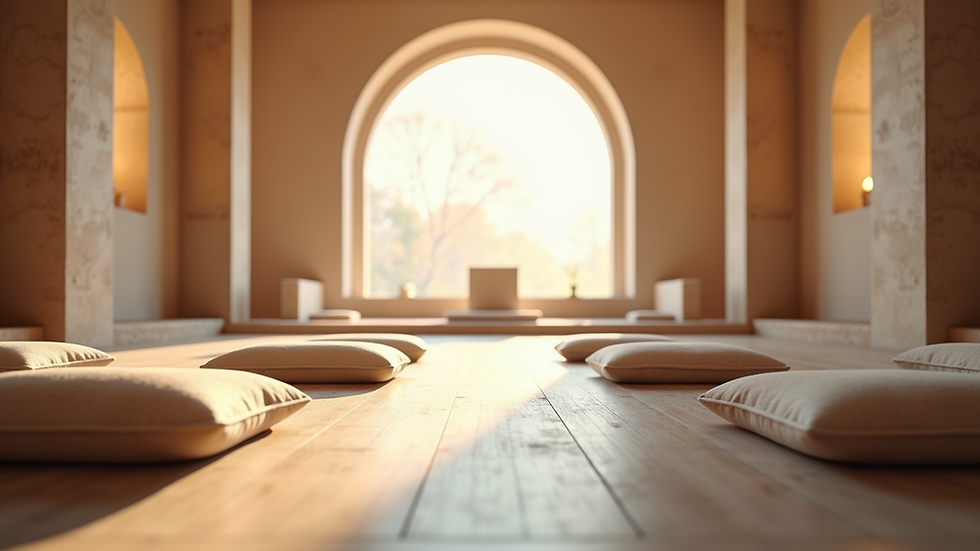 Eye-level view of a serene meditation space with cushions and soft lighting