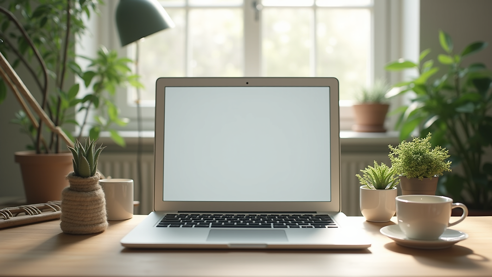 Eye-level view of a serene home office setup with a laptop and calming plants