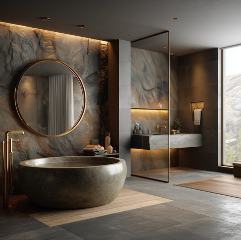 Luxury stone bathroom with freestanding bathtub, modern lighting, and natural textures