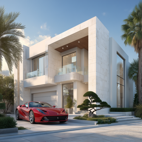 Modern contemporary villa with glass facades and luxury car in driveway