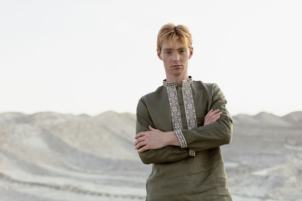 Прев'ю: Сорочка-вишиванка 506 з українським орнаментом, оливковий колір