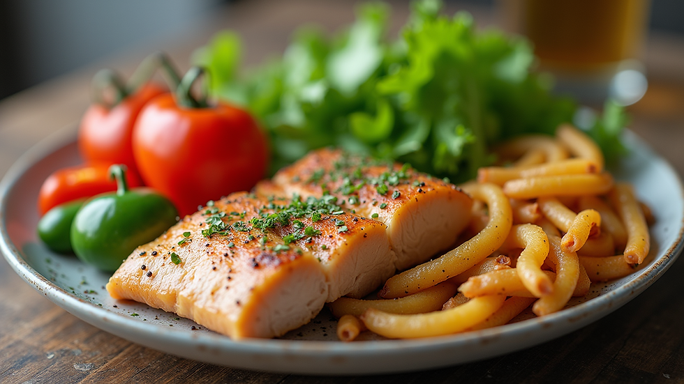 Close-up view of a healthy meal plate with vegetables and lean protein