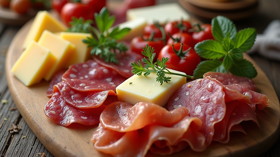 High angle view of a wooden charcuterie board with colorful meats, cheeses, and fresh herbs