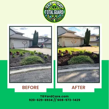 Before and after photos of a residential garden bed showing old, sparse mulch replaced with fresh, dark brown mulch installed by TotalGuard Yard Care in Madison WI.
