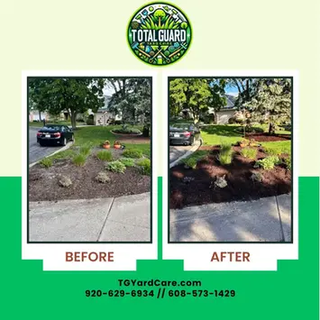 Before and after photos of a residential front yard landscape bed in Madison WI, showing old, sparse ground cover on the left and fresh, dark brown mulch expertly installed on the right by TotalGuard Yard Care.