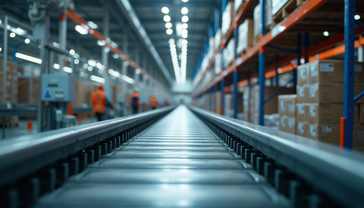 Eye-level view of a warehouse with automated sorting systems and conveyor belts