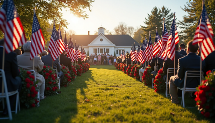 High angle view of a community gathering at a Veterans Day ceremony with flags and wreaths