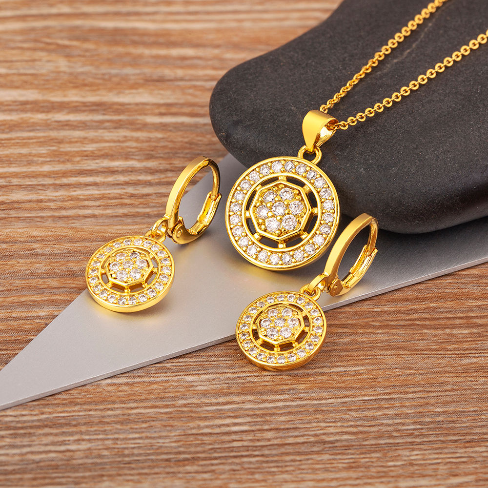 Nidin Gold Cubic Zirconia Circle Jewellery Set – Necklace & Earrings