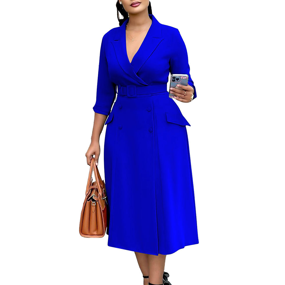 Thumbnail: Plus Size V-Neck A-Line Midi Dress with 3/4 Sleeves & Sash