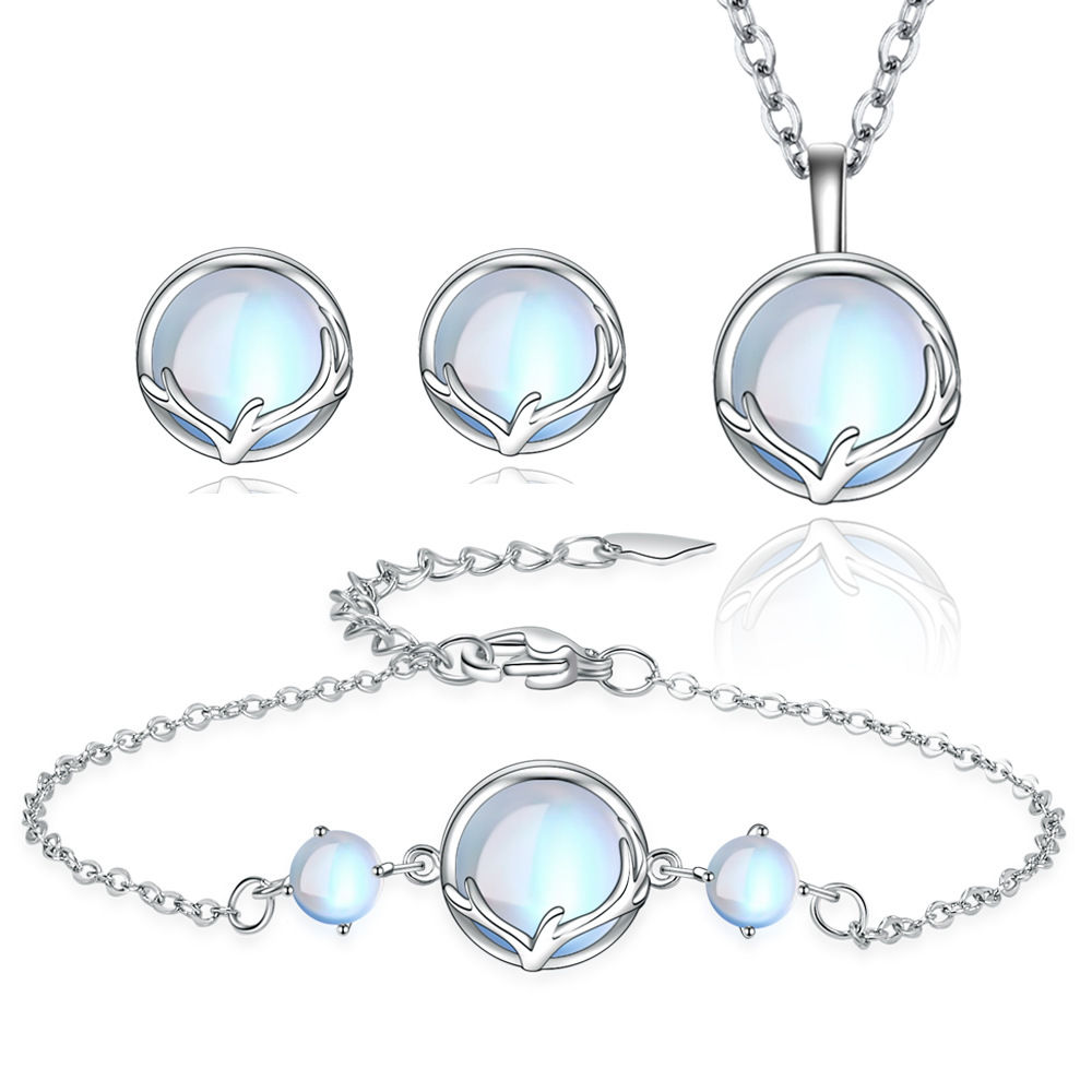 925 Sterling Silver Crystal Antler Jewellery Set – Necklace, Bracelet & Earrings