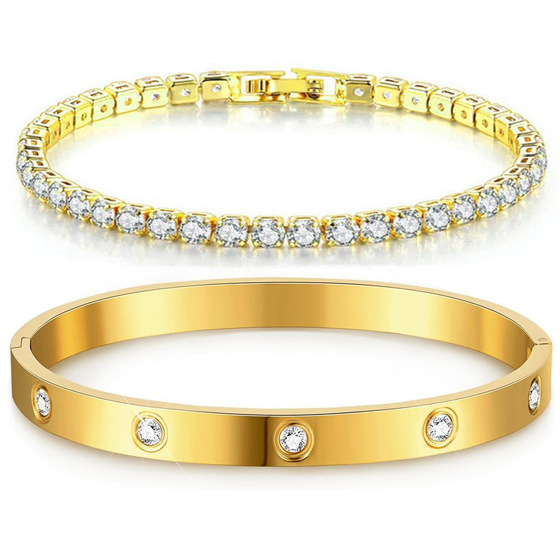 Luxury 14K Gold Plated CZ Stackable Bracelet Set