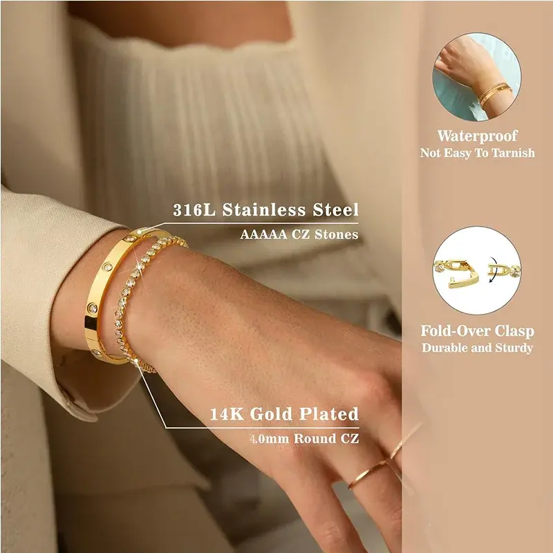 Thumbnail: Luxury 14K Gold Plated CZ Stackable Bracelet Set