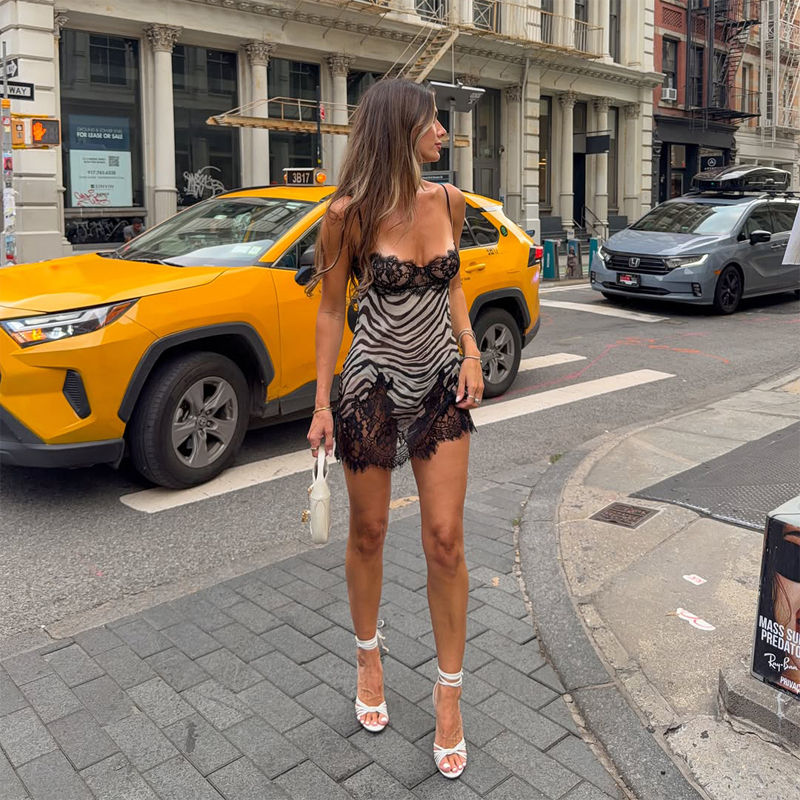 Thumbnail: Zebra Print Lace Trim Spaghetti Strap Mini Dresses Sexy V Neck Sheer Splice Body