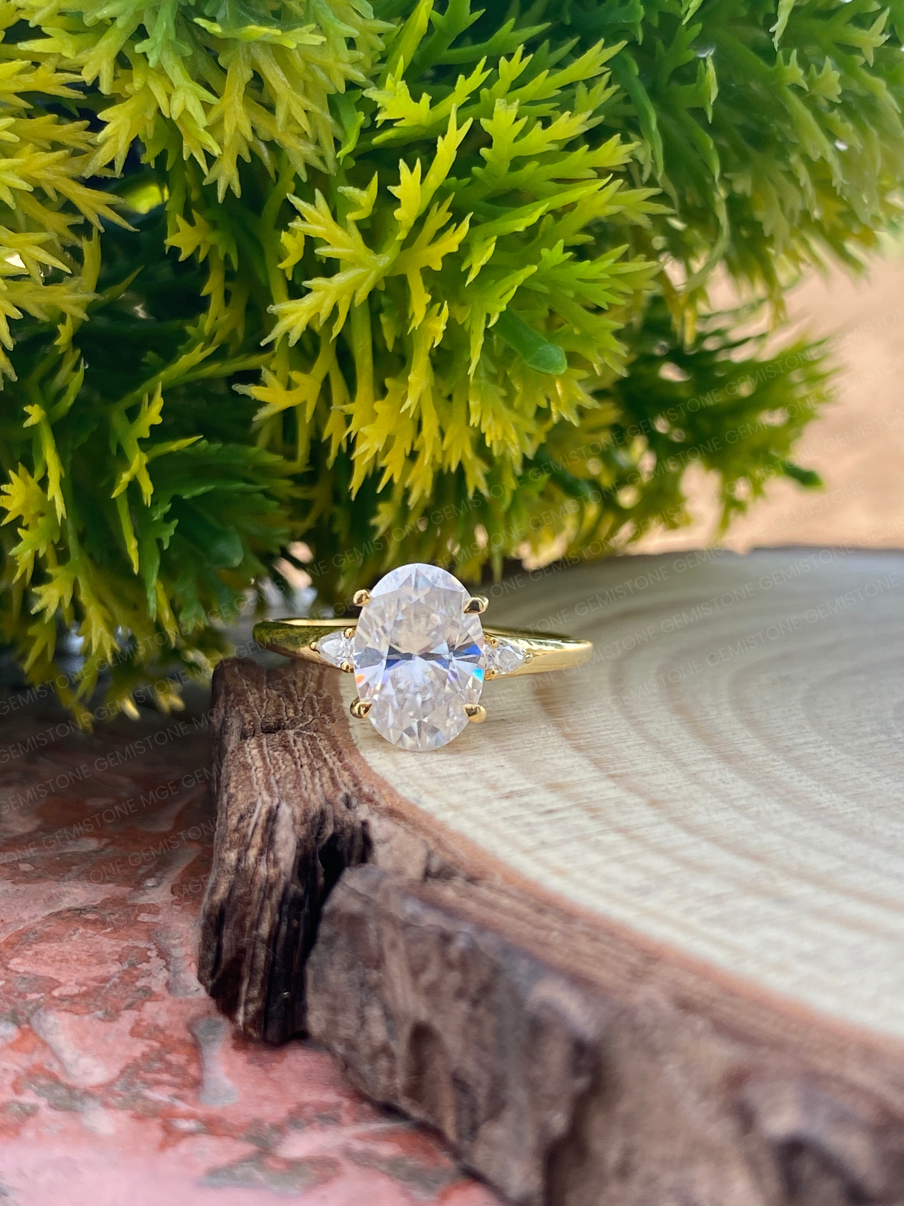 2 CT Oval & Pear Cut Moissanite Three Stone Engagement Ring