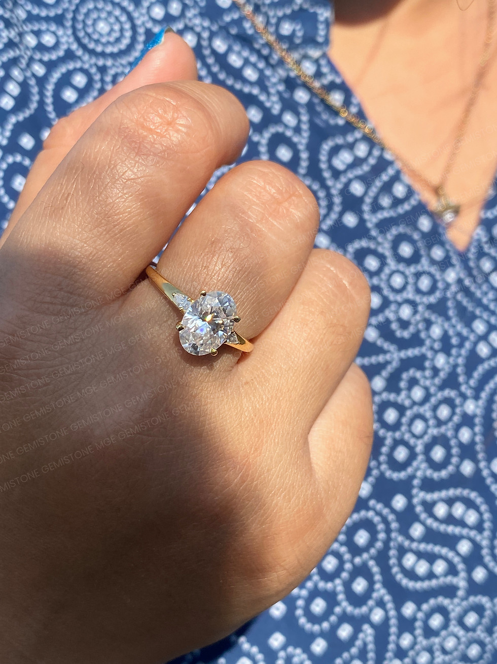 Thumbnail: 2 CT Oval & Pear Cut Moissanite Three Stone Engagement Ring