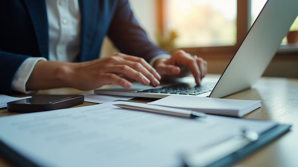 Close-up view of a person typing a legal document on a laptop