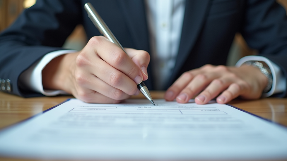 Close-up view of a person filling out a legal form with a pen