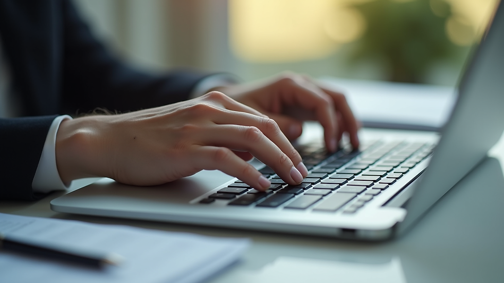 Close-up view of a person typing a legal document on a laptop