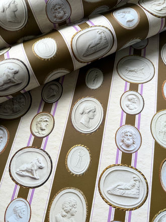 An original PARVUM OPUS CARTA design featuring antique Grand Tour intaglios on an olive-brown and lilac stripe