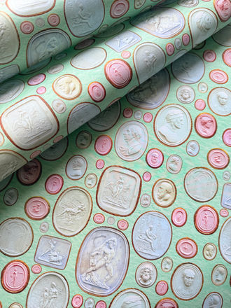 An original PARVUM OPUS CARTA design featuring antique intaglios on a mint green ground