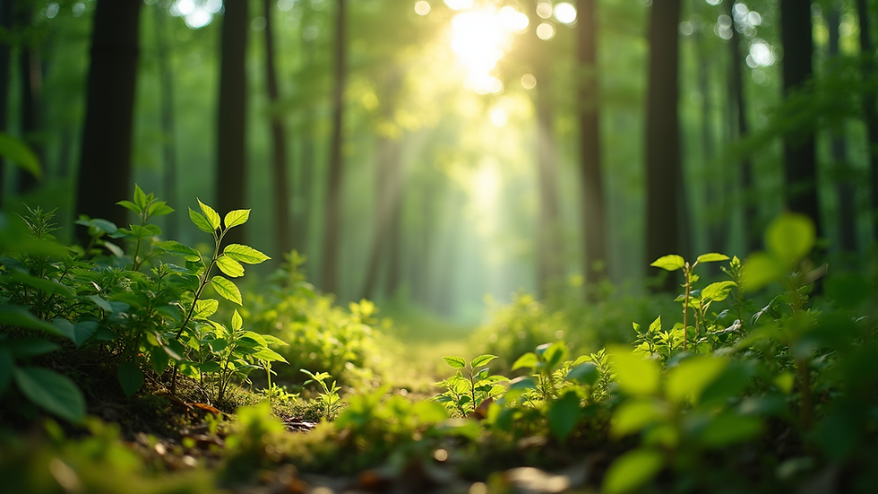 Eye-level view of a lush green forest with sunlight filtering through the leaves