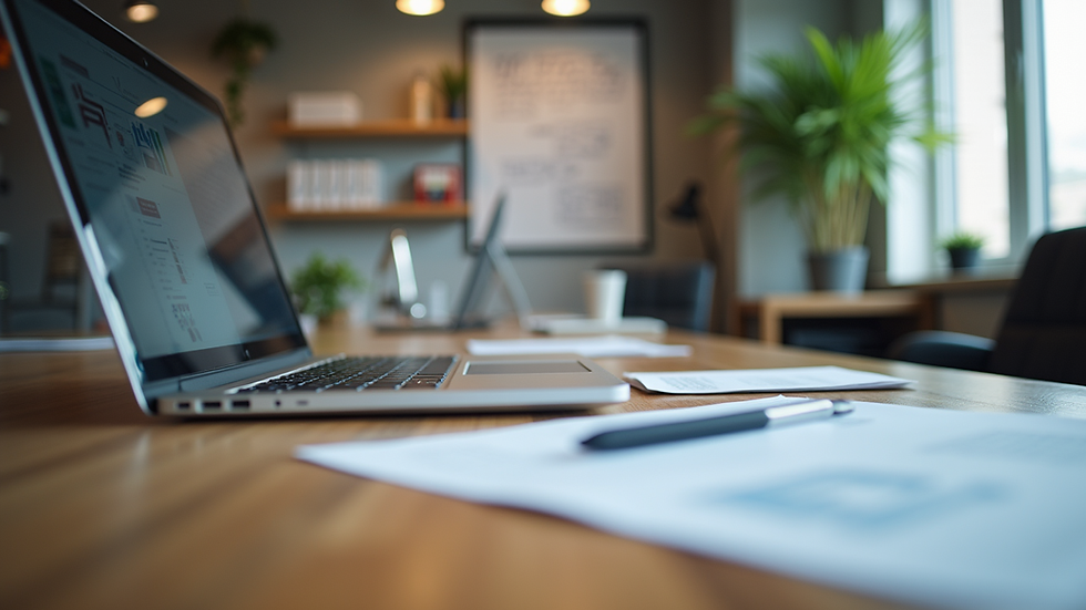 Eye-level view of a modern office workspace with a laptop and marketing materials