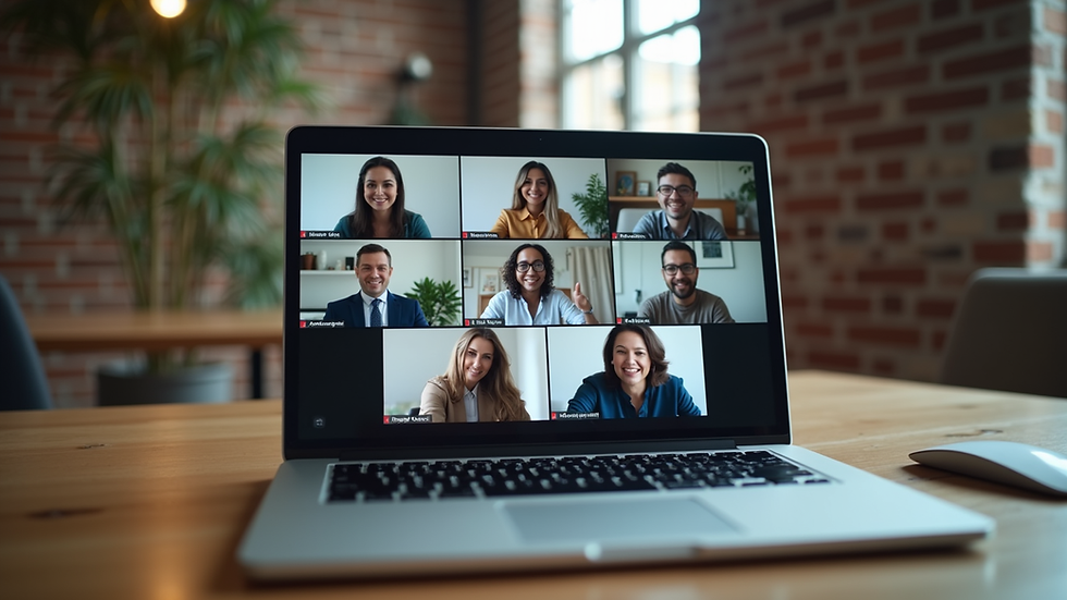 Eye-level view of a laptop screen showing a virtual meeting with diverse team members