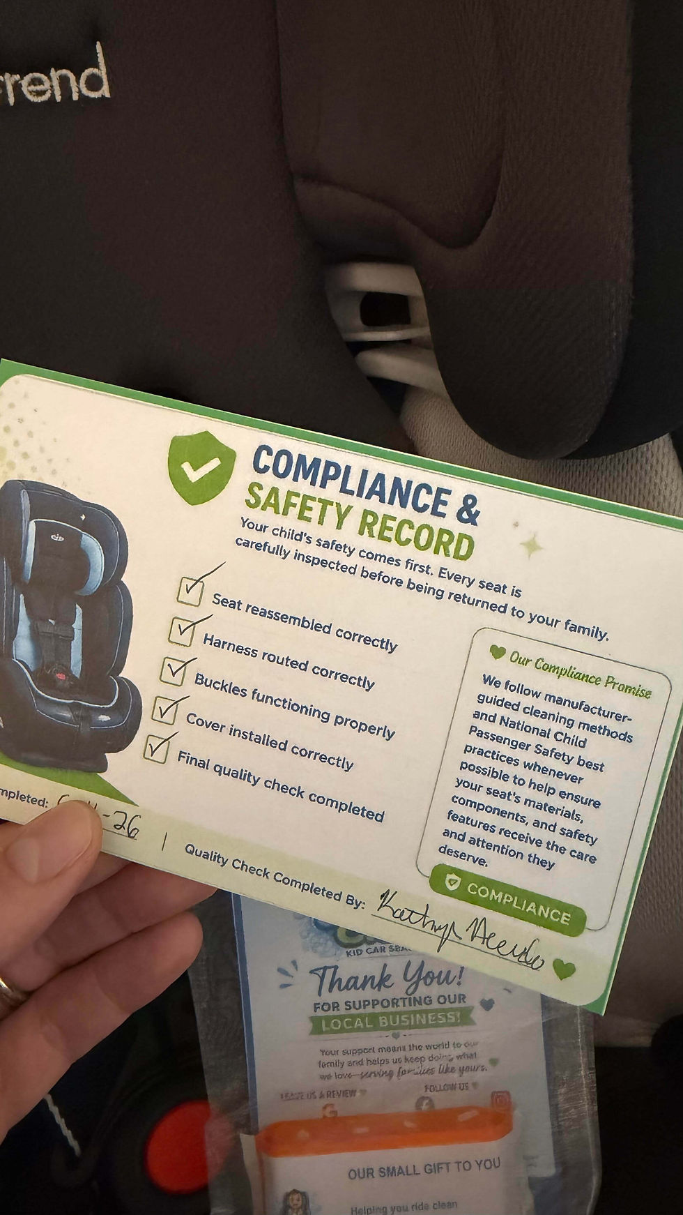 Compliance and safety record for car seat cleaning