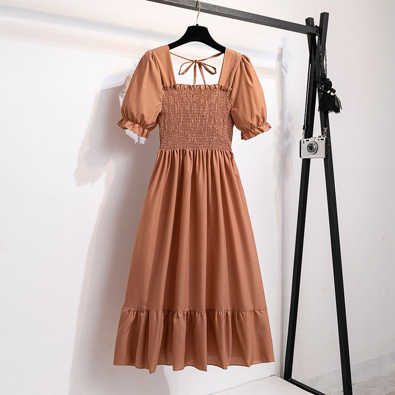 Thumbnail: Spring Summer Chiffon Dresses Fashion Female Elastic Waist Short Sleeve Pleated 