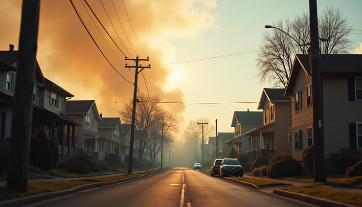 Eye-level view of a residential street in Miami Gardens with smoke haze visible in the distance