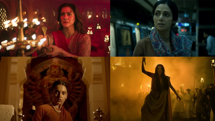 Durga Ashtami Women Empowerment films featuring Kangana Ranaut in Manikarnika and Emergency, Simrat Kaur Randhawa in The Bengal Files, Kajol in Maa, and Sridevi in Mom celebrating powerful women in Indian cinema.