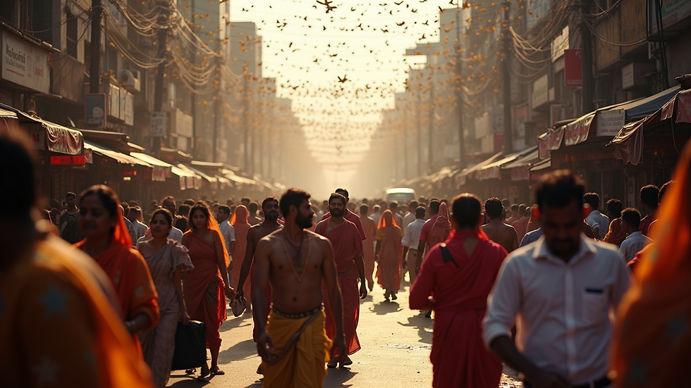 Wide angle view of the bustling streets of Mumbai during festival celebrations