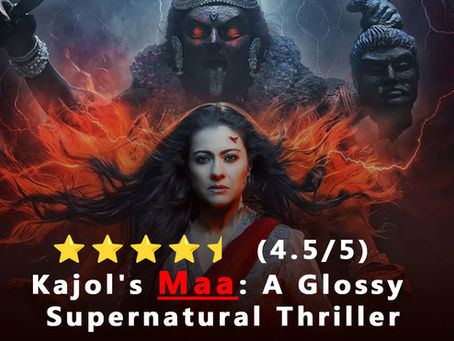 Official poster of Maa movie featuring Kajol in a powerful pose with a trident and blazing divine aura in the background
