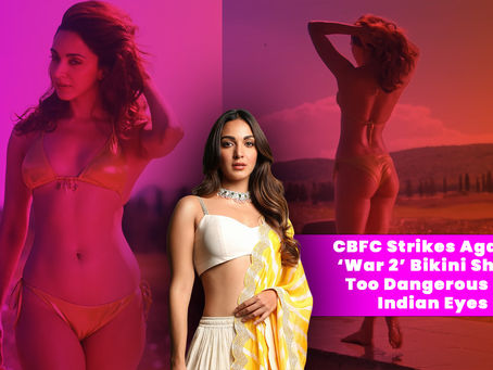 Kiara Advani in a shimmering yellow bikini, spraying sunscreen on her thigh during the Aavan Jaavan song in War 2, a scene involved in CBFC’s censorship controversy.