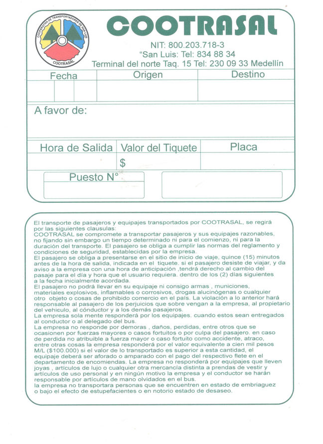 TIQUETE Y CONTRATO PASAJERO