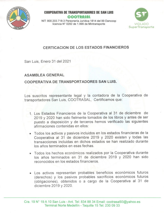 ESTADOS FINANCIEROS 2020 COOTRASAL
