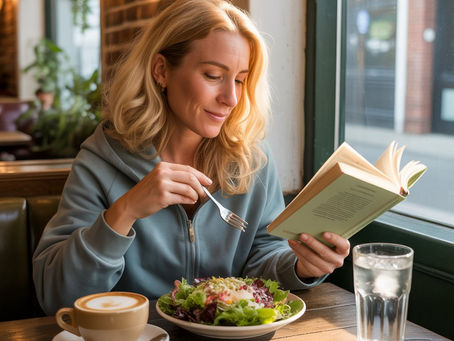 A blonde middle aged woman sat at a cafe table eating a salad with a cappuccino on the table and she is reading a book