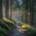 a forest path surrounded by tall trees and sunlight showing through the gaps of the trees