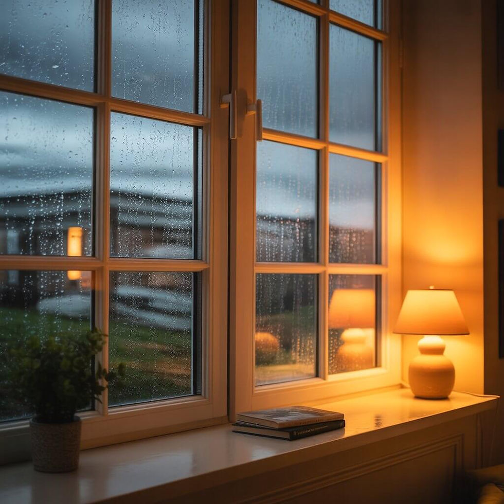Looking out a window seeing rain outside on the window panes to represent barometric pressure and ears being affected by the weather