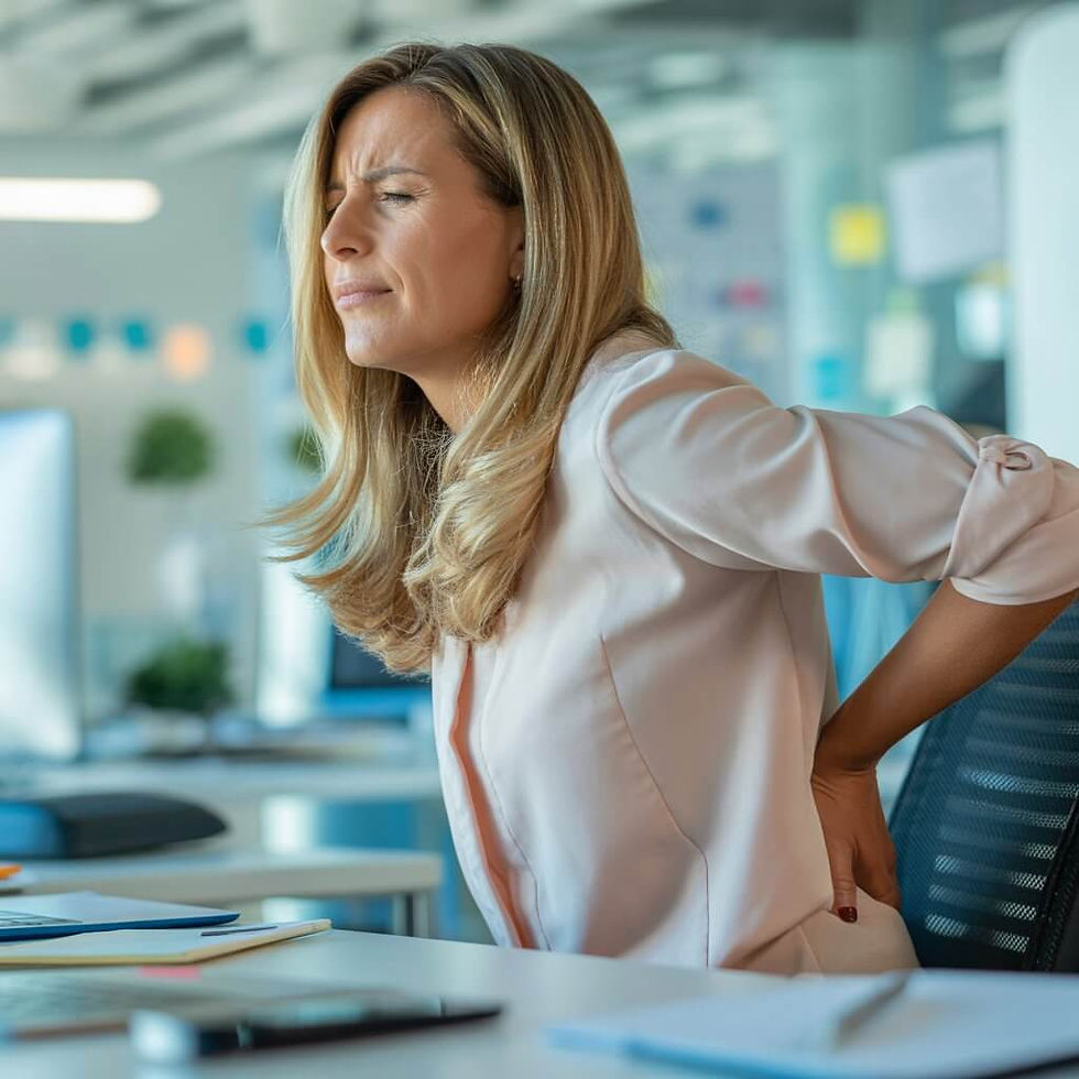 a woman sat at an office desk holding her back in pain