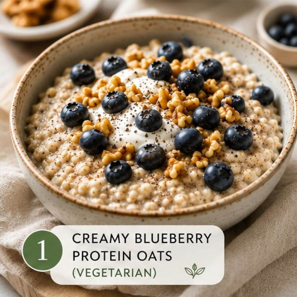 Creamy blueberry protein oats topped with blueberries, walnuts and yogurt; label reads 1 Creamy Blueberry Protein Oats (Vegetarian) for low sodium diet for meniere's disease