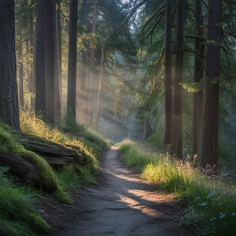 a forest path surrounded by tall trees and sunlight showing through the gaps of the trees