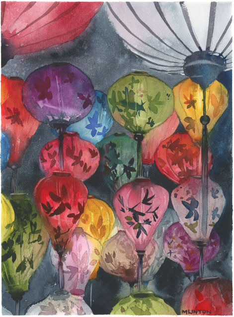 Illuminated paper lanterns in the market, Old Town, Hoi An, Vietnam. Nearby the Thu Bon River cleaves the town on its way to the sea where people gather on An Bang Beach. Landscape watercolor travel painting by Mark Stuart Linton.
Mark.Stuart.Linton@gmail.com